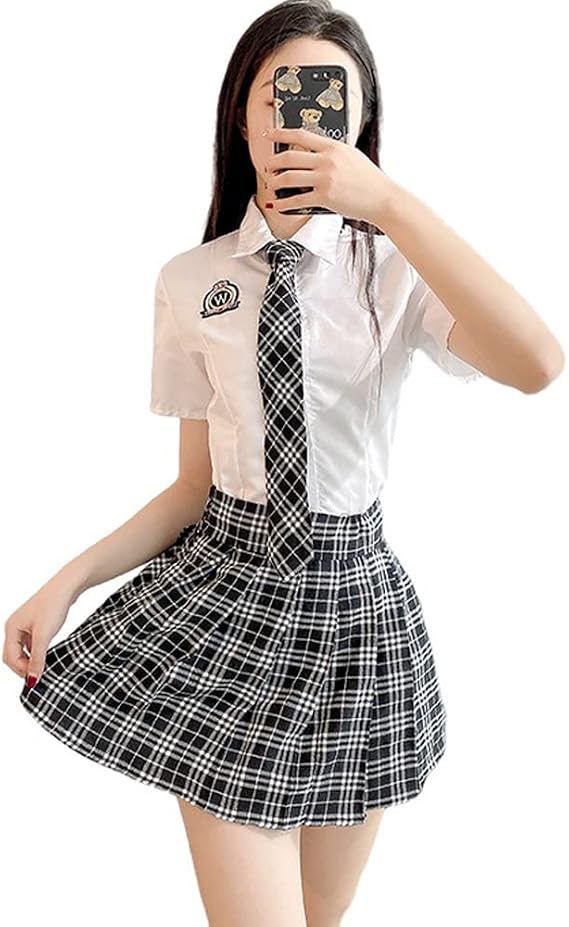 Binggogo Uniform, JK Cosplay, 3-piece Set, Cute, Idol Girl, Shirt, Skirt, Necktie, Cosplay, High School Girls, Summer Clothing, Checkered Pattern, Mini Skirt, Short Sleeve, Black