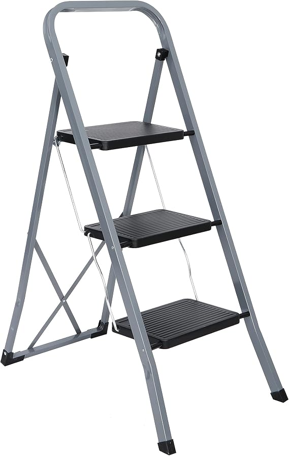 F2C 3 Step Ladder Folding Stool Ladder with Convenient Handgrip, Sturdy Wide Anti-Slip Pedal,Portable Step Stool for Adults, for Home, Garage, Office, and Garden Kitchen