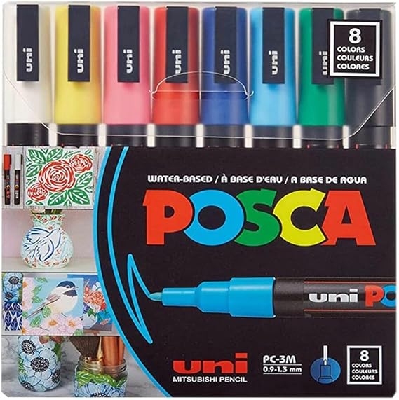 uni POSCA PC-3M Water-Based Paint Markers, Reversible Fine Tip, Assorted Colors, Pack Of 8 Markers