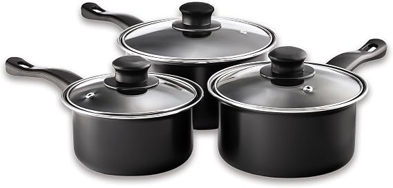 Pendeford Value Plus Saucepan Set 3PC | Carbon Steel Non-Stick with Tempered Glass Lids | 16cm 18cm 20cm | Easy Clean, Lightweight, Dishwasher Safe | Suitable for All Hob Types Except Induction
