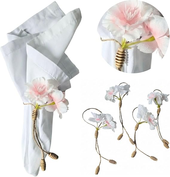Maison Charlo Adjustable Cherry Blossom Napkin Rings Set of 4, Handmade Floral Napkin Ring Holders, Flexible Fit Table Decor for Dining, Wedding & Elegant Table Settings