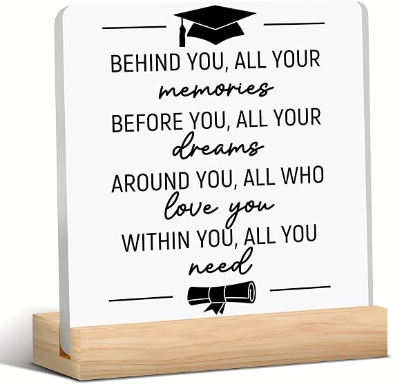 Graduation Quote Acrylic Desk Decorative Sign - Positive Behind You All Your Memories Desk Plaque with Wood Stand - Rustic Home Shelf Wall Decoration - Grad Gifts 4x4 Inch