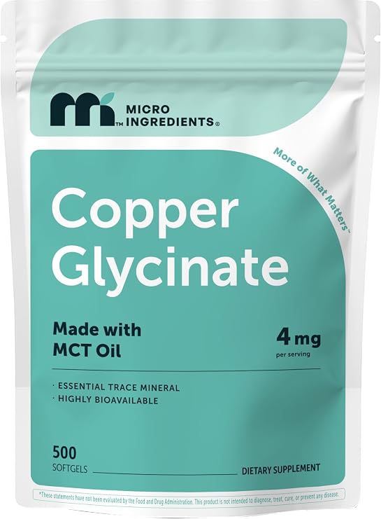 Copper Glycinate with MCT Oil, 500 Softgels | 4 mg Elemental Copper Per Serving | Chelated Copper Mineral Supplement | Essential Trace Mineral | Non-GMO, cGMP Manufactured