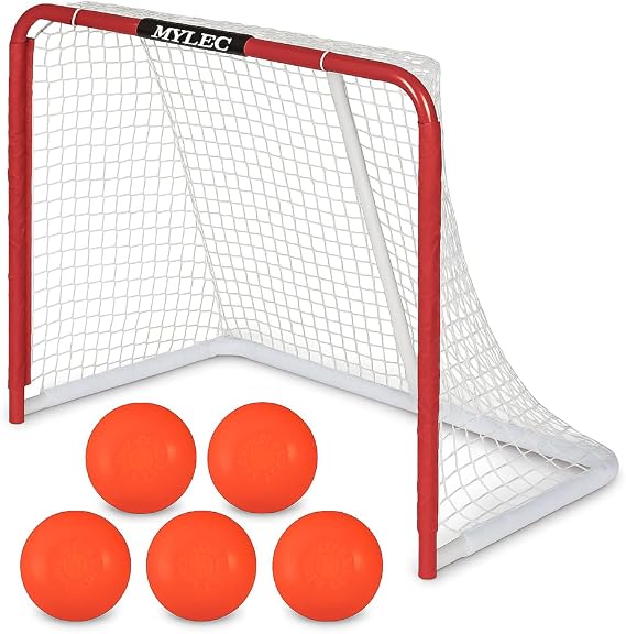 Mylec Steel Junior Hockey Goal 52 x 43 with Sleeve Net System + 6-Pack No-Bounce Street Hockey Balls, Durable Indoor/Outdoor Net for Roller & Street Hockey Training