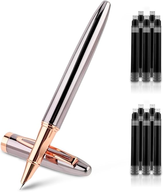 Amaxiu Metal Black Fountain Pen Set, 0.38mm Fine Nib Fountain Pen with 10 3.4mm Ink Cartridges and 1 Converter Smooth Writing Luxury Calligraphy Pen Office School Supplies Gift(Grey)