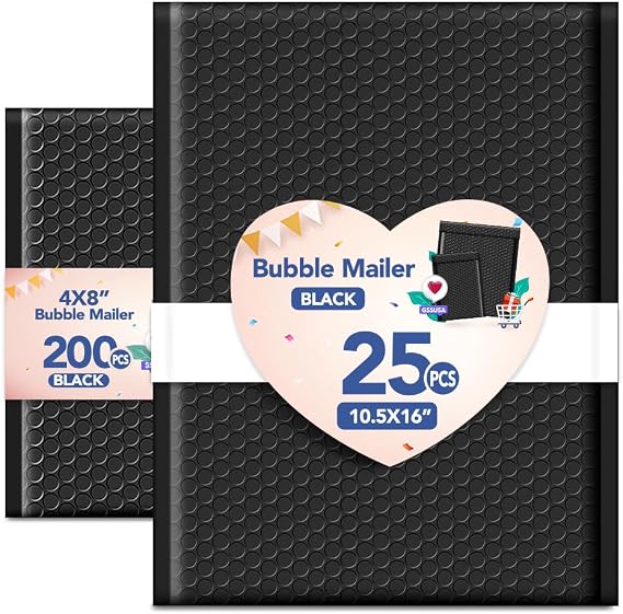 GSSUSA Bubble Mailers Black 4x8Inch 200PC + Black 10.5x16Inch 40PC, Usable Size 4x7" & 10.5x15" Bubble Envelopes for Small Business, Padded Envelope, Shipping Mailers, Packaging Bags, Mailing Envelope
