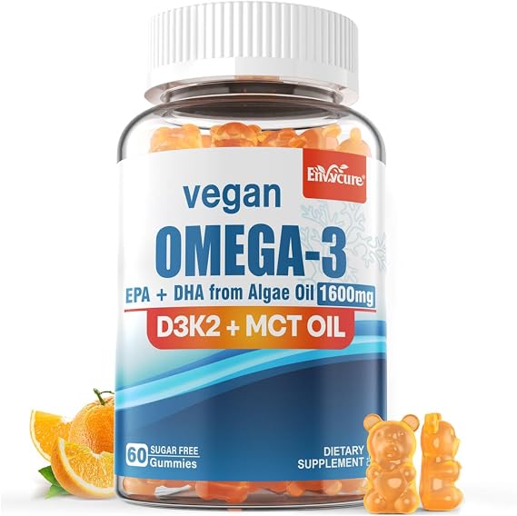Vegan Omega 3 Gummies 1280mg + Vitamin D3 K2 (MK7) for Women Men, 1 Pack | Omega 3 Fish Oil Alternative, w/EPA 600mg & DHA 400mg, MCT Oil, No Fish Taste, for Brain, Eye, Immune Health, Sugar Free