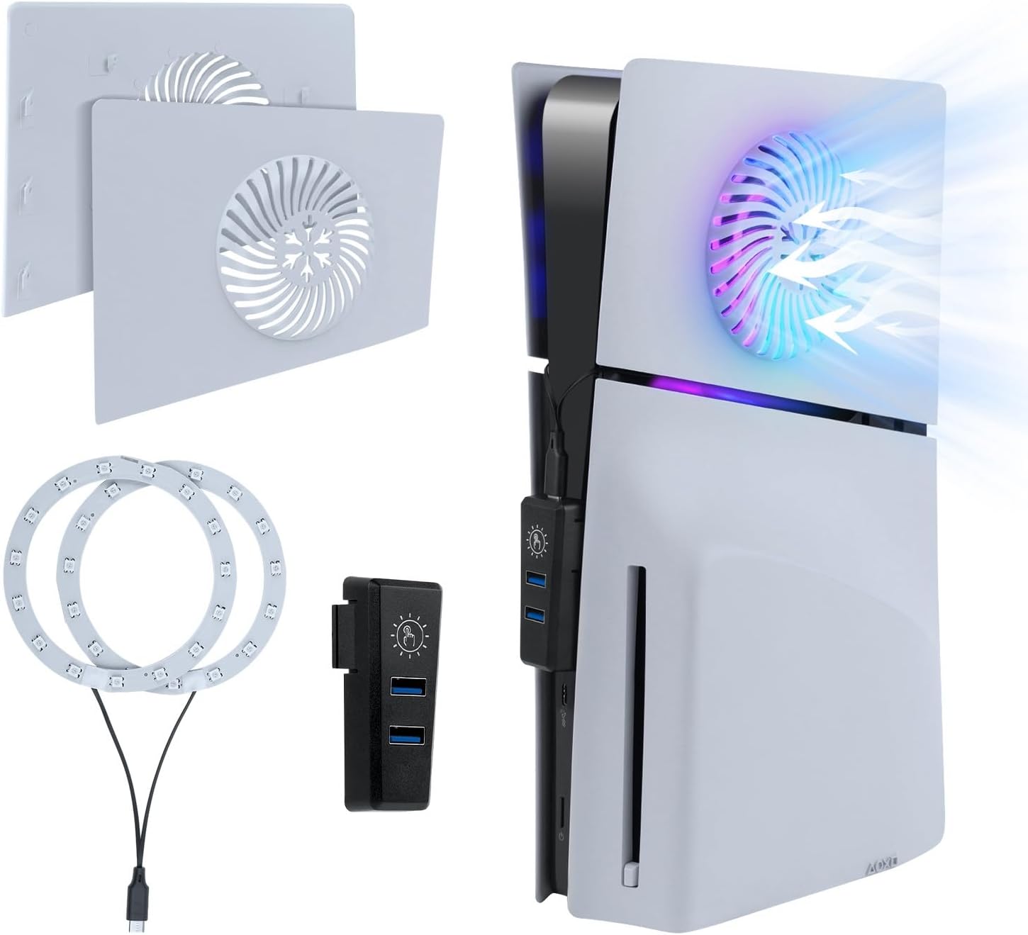 Mcbazel New PS5 Slim RGB Replacement Faceplate with USB Hub Set with Cooling Port for Heat Dissipation Design for Disc and Digital Version Not for PS5 Pro - White