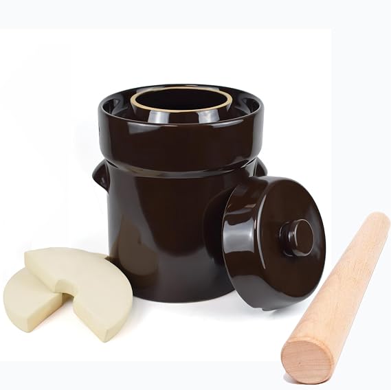 Fermentation Crock Jar 2 Liter/0.5 Gallon - Stoneware Pot for Fermenting, Pickling Kimchi, Pickles, Vegetables, Kombucha - Glazed Fermenter with Stone Weights, Lid