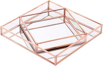 Koyal Wholesale Rose Gold Glass Mirror Square Trays Vanity Set of 2, Decorative Mirrored Trays for Coffee Table, Bar