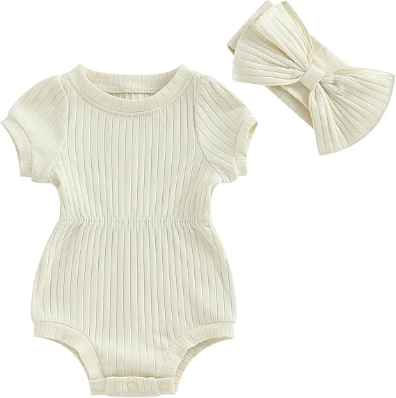 Karwuiio Newborn Baby Girl 2 Piece Outfits Short Sleeve Knit Jumpsuit Romper with Headband Summer Clothes