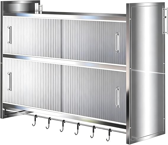 Stainless Steel Kitchen Wall Cabinet, Multi-Layer Storage Organizer Rack with Sliding Translucent Doors, Hanging Shelf for Kitchen Bathroom Garage Balcony(120x32x71cm/47x13x28in)