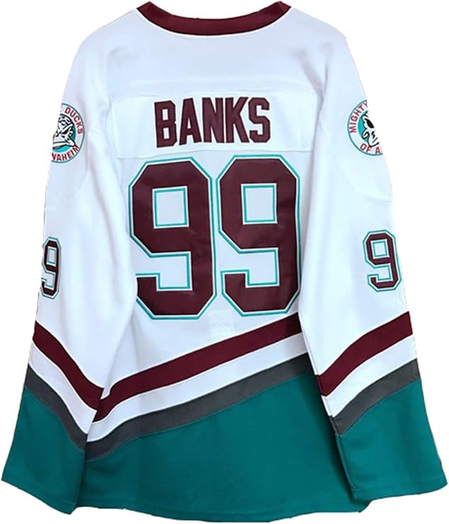 Adam Banks #99 Mighty Ducks Ice Hockey Jersey Movie Hockey Jersey White Stitched Letters Numbers S-L,L