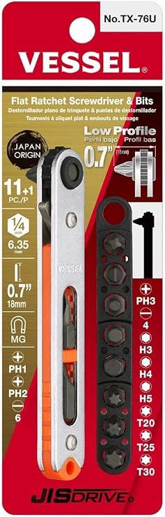 VESSEL Low-Profile Flat Plate Ratchet Screwdriver Set TX76U (Straight)