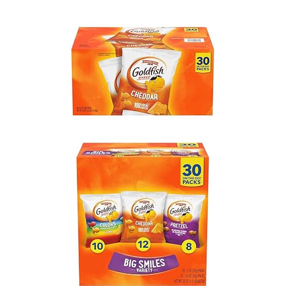 Pepperidge Farm Goldfish Cheddar Crackers, 1.5 oz. Snack Packs, 30 Count and Goldfish Crackers Big Smiles Variety Pack with Cheddar, Colors, and Pretzels, Snack Packs, 30 Ct