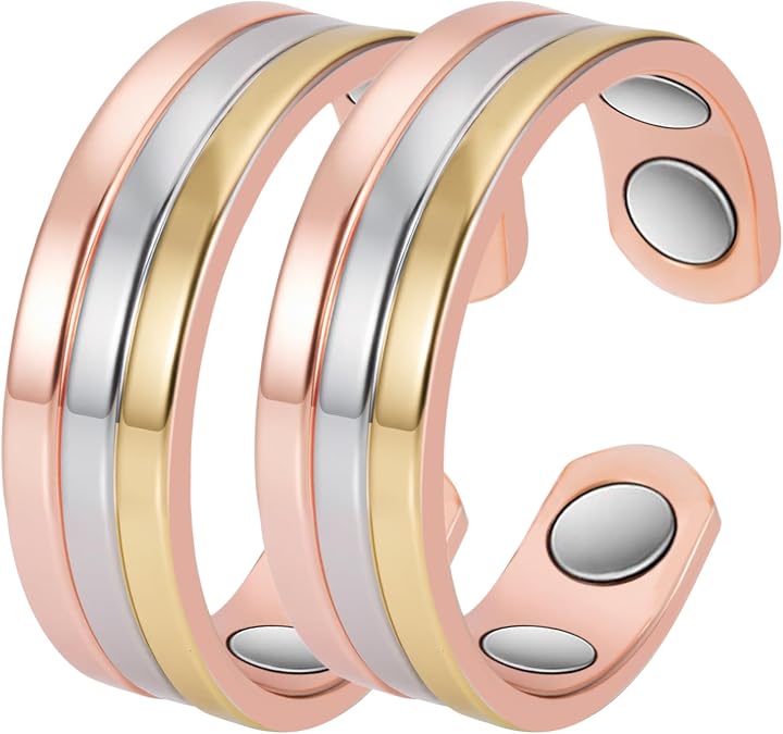 2PCS Copper Rings for Women, Pure Copper Adjustable Magnetic Ring with 4 Magnets, Three Color Gold Jewelry
