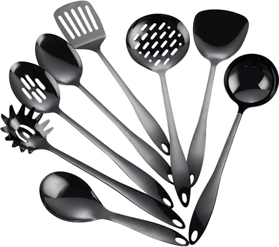 8 Piece Stainless Steel Kitchen Utensil Set Black Nonstick Cooking Utenisls Titanium Plated Kitchen Tools Gadgets Slotted Spatula Spoon Turner Ladle Dishwasher Safe