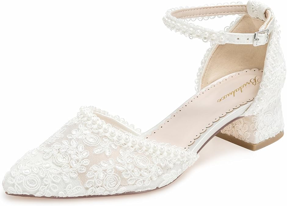 1601 Women’s Closed Toe Wedding Shoes 1.77 Inch Low Block Heel Lace Pearl Ankle Strap Bridal Pumps