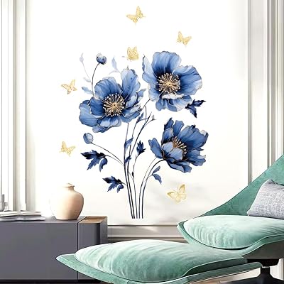 Wall Stickers Lotus Butterfly Wall Decals Watercolor Lotus Flowers Window Stickers Flowers & Gold Shining Butterfly Wall Posters Vinyl Blossom Art Wall Decal for Living Room Bedroom Home Decor
