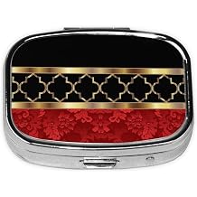 Elegant Red Black & Gold Quatrefoil Pattern,Meta Pill Box 2 Compartment Medicine Case,Portable Organizer