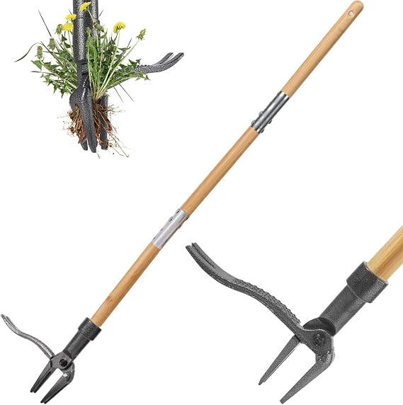 Weed Puller, 113cm/45inch Long Handle Weed Remover Tool, Standing Weeder with 3-sections Bamboo Handle and 4 Carbon Steel Claws for Patio, Lawn, Garden, Path