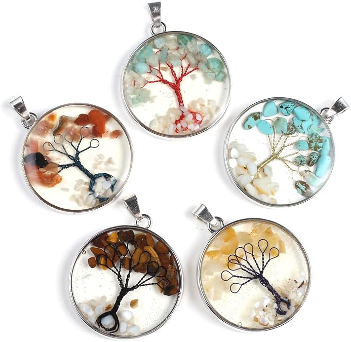 5pcs Natural Stone Crystal Tree of Life Healing Pendant Garnet Amethyst Chakra Chips Round Wire Winding Charms for Making DIY Necklace Jewelry