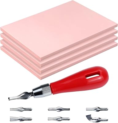 4 Pack Rubber Carving Blocks 4x6 Inch with Lino Cutter Tool Set, Soft Rubber Stamp Making Kit for Block Printing, Linoleum Blocks for Printmaking and DIY Stamp Crafts, Pink