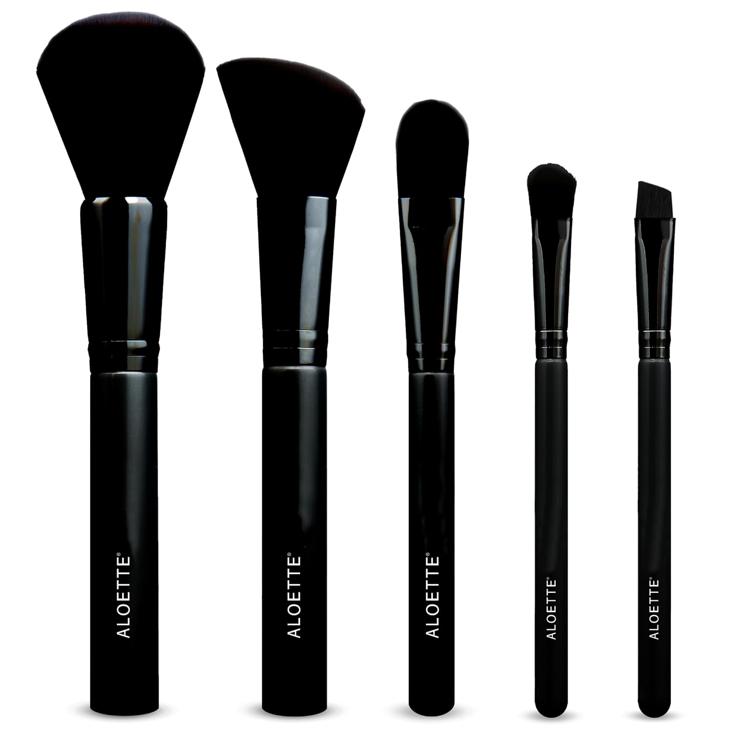 Aloette Professional 5-Piece Makeup Brush Set - Collection Includes Powder Brush, Blush Brush, Liquid Foundation Brush & 2 Eyeliner Brushes - Cruelty Free Synthetic Makeup Brushes for Face