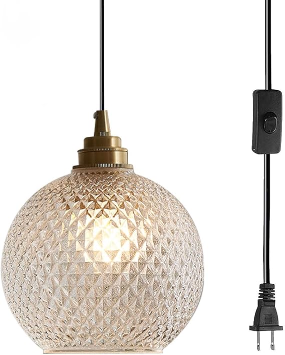 Gold Plug in Pendant Light Fixture Glass Globe Hanging Lamp Brass