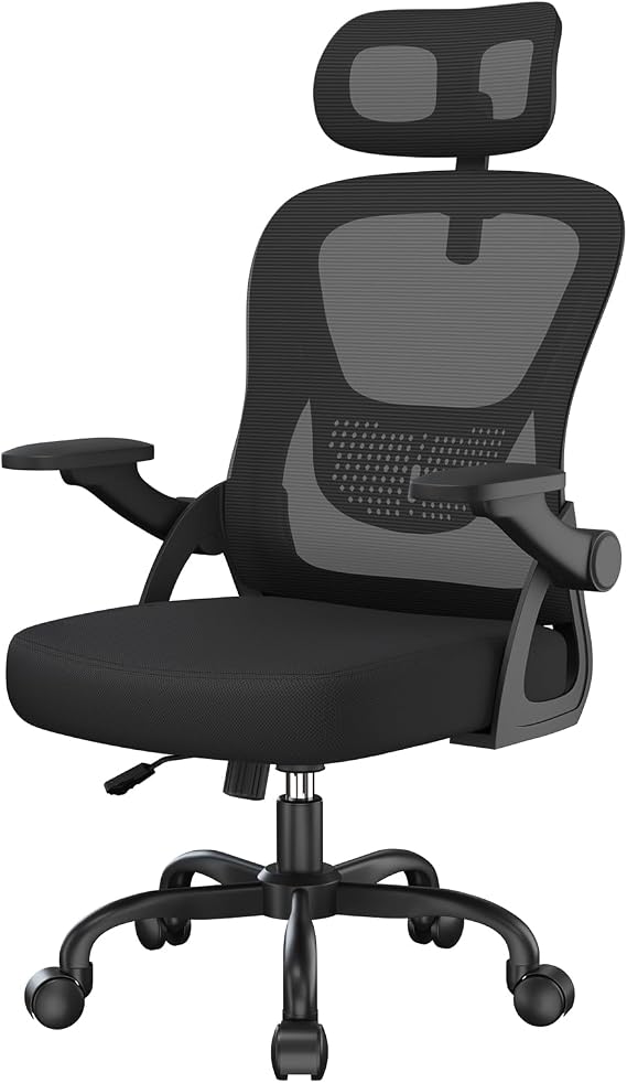naspaluro Office Desk Ergonomic Chair with Flip-up Armrests/Headrest/Back Support Comfy Computer Small Heavy Duty Swivel Chairs for Home Office Comfortable Black Study Work Mesh PC Chairs & Stools
