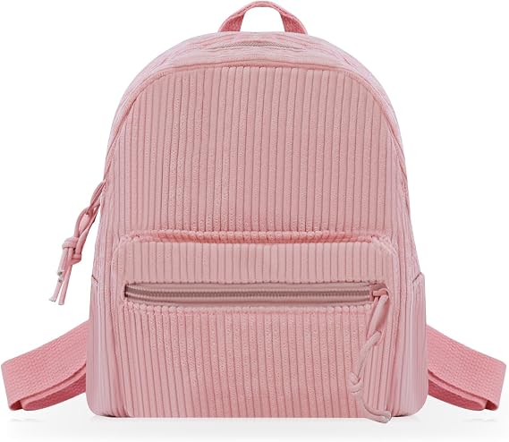 FuninCrea Corduroy Mini Backpack for Women, 4 L Small Backpack Purse Cute Mini Bookbag Little Backpacks with Front Pocket, Pink, Mini