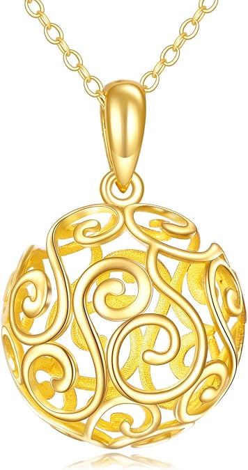 KECHO 14k Gold Filigree Necklace Ball/Teardrop/Black Onyx Cage Solid Gold Jewelry Birthday Gifts for Her