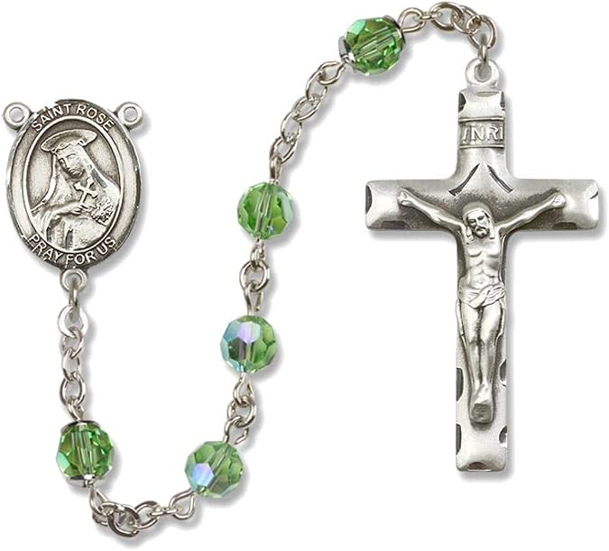 St. Rose of Lima Sterling Silver Rosary with August Light Green Beads