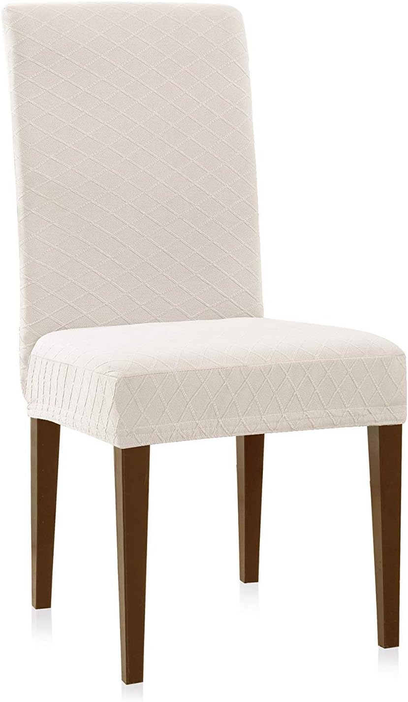 ENOVA HOME Modern Rhombus Jacquard Stretchy Universal Washable Removable Dining Chair Slipcover, Soft and Stretchy Slipcover 2, Cream White