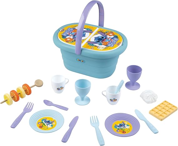 Smoby - Stitch - Picnic Basket - Easily Transportable - 19 Accessories Included - Cups, Glasses, Fruit Rings, Waffle, Meringue and More - for Ages 3 and Up - Made in France