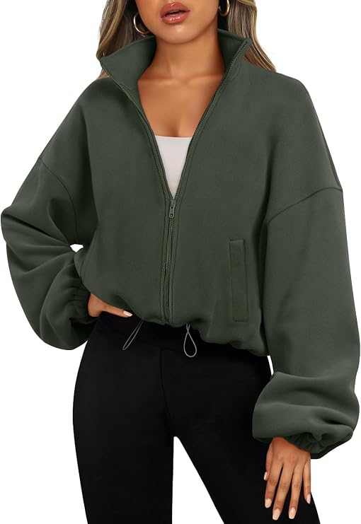 AUTOMET Womens Fleece Jackets Zip Up Oversized Cropped Sweatshirts