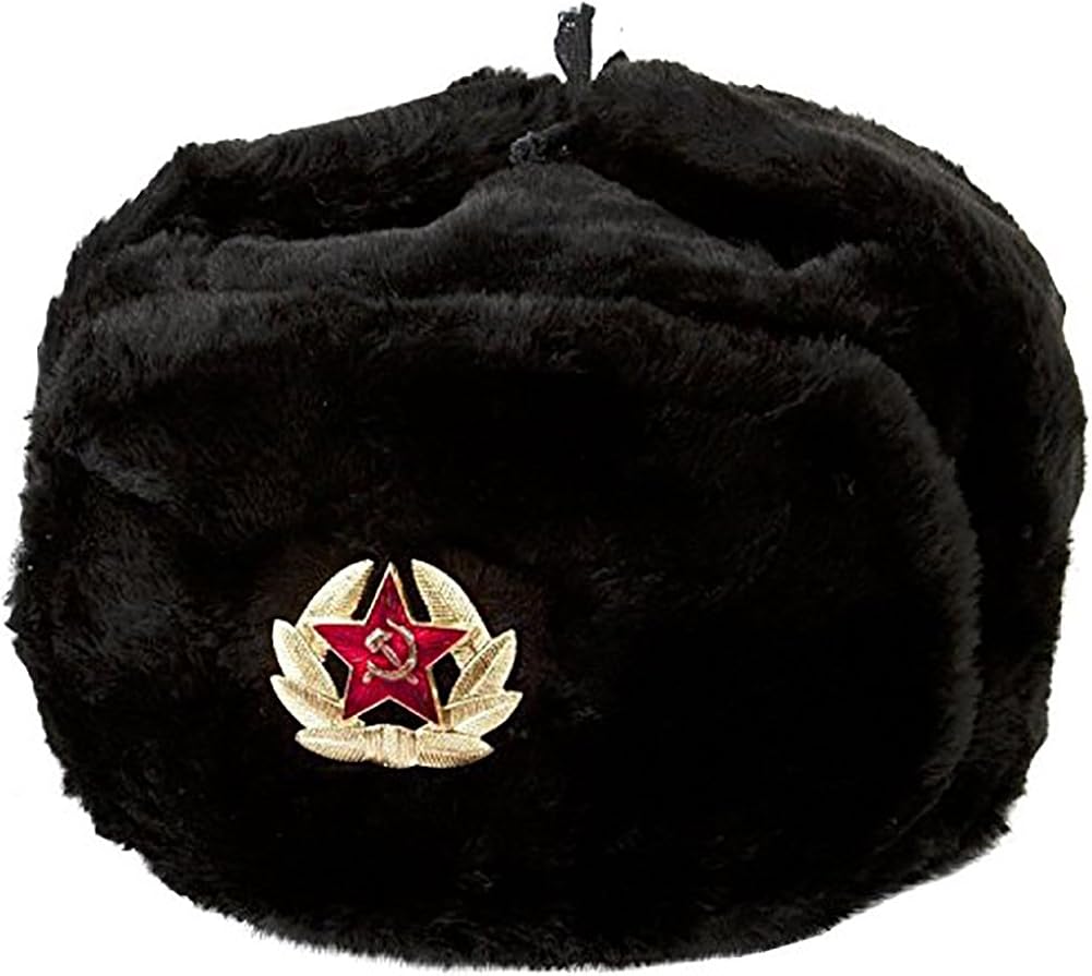 Cucuba® Original WAR HAT Black Cap Russian Ushanka Soviet for Winter Cold with Russian Army Badge - Gift IDEA Size: 59 Size L EU