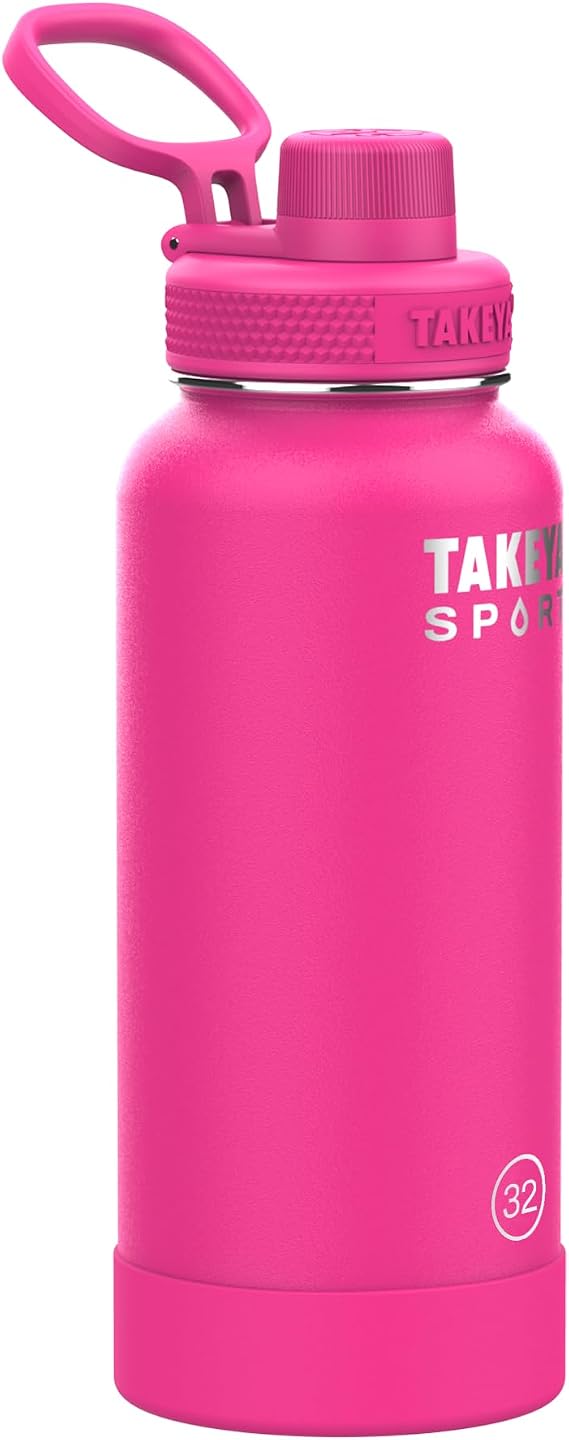 Takeya Sports Water Bottle with Spout Lid - Bottle with Triple Stainless Steel Insulation - Dishwasher Safe & BPA-Free - Bottle with Ice-Blocking Spout Lid & Removable Bumper - 32 oz, Pink Sweep