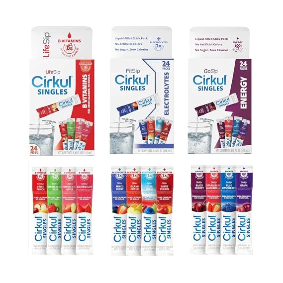Cirkul Singles Variety Pack Bundle, Flavored Water Stick Packs 72-Pack (LifeSip, FitSip, GoSip), No Sugar, Zero Calorie Drink Mix