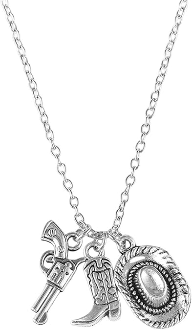 Cowgirl Cowboy Boot Hat Pendant Necklace Silver Plated Boho Personalized Texas Boots Adjustable Chain Necklace for Cool Men Western Style Country Women Birthday Party Fashion Jewelry Gifts