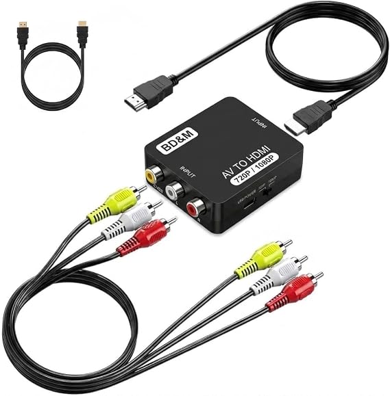 BD&M RCA to HDMI Converter, AV to HDMI Adapter Supports PAL/NTSC for PS2, PS3, Xbox, VHS, VCR, DVD Players