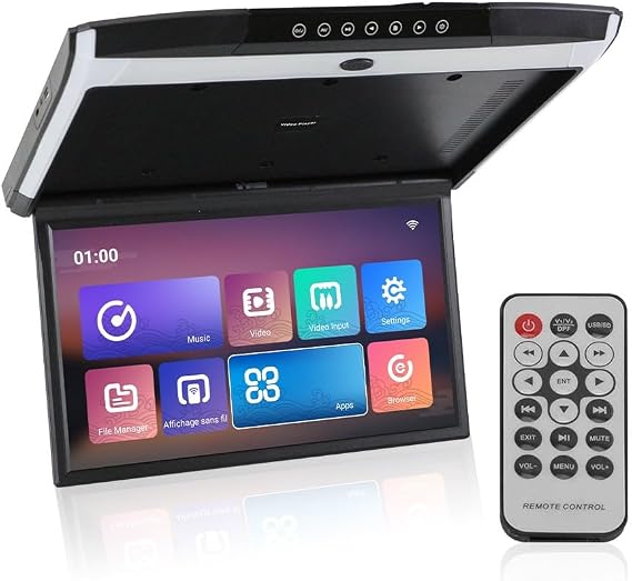 Kunfine Android Car Overhead Player 17.3 Inch Wide IPS Screen Video Car Roof Mount Monitor with Built-in Stereo Speakers Flip Down Overhead Car Monitor Support Bluetooth WiFi HDMI USB NO DVD(Black)