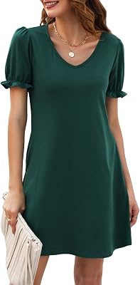 Halife Womens Summer Dresses Casual Puff Short Sleeve V-Neck T Shirt Dress with Pockets