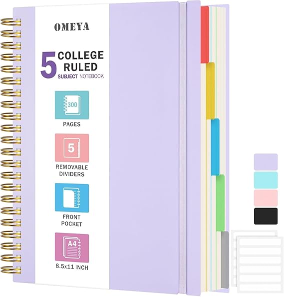 Notebook A4 Ruled 300 Sheets 100GSM Spiral Notebook Purple Notebooks with 5 compartments and removable dividers soft cover for writing for work and school supplies 21.5 x 27.9 cm