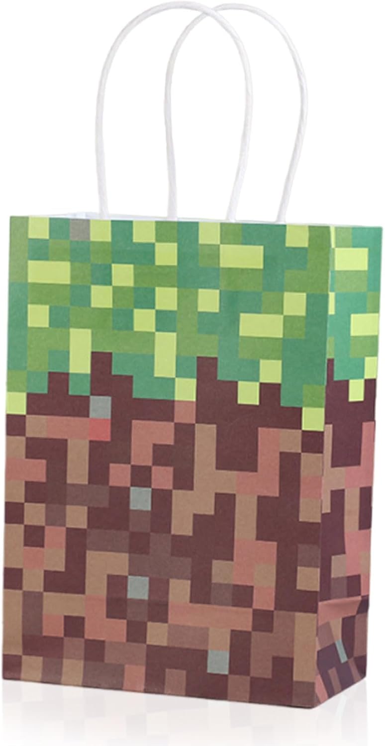 16 Pcs Pixel Birthday Party Favor Bags, Game Theme Paper Gift Bags, Birthday Party Candy Snack Bag