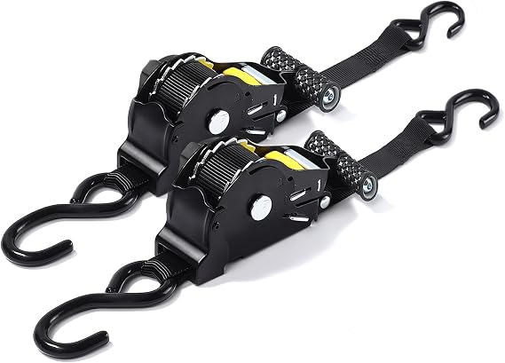2 Pack Auto Retractable Ratchet Straps Each 2.5cm X 3m Strap Boasts a 1500lbs/680kg Break Strength,Featuring Weather Resistant Safety S-Hooks, Heavy Duty Tie Down Perfect for Any Hauling Job