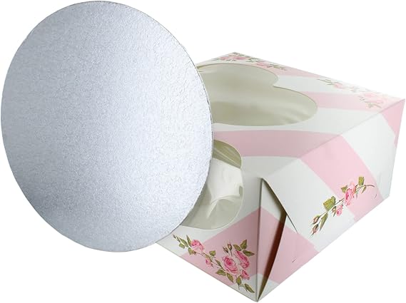 Baked with Love 90292 Heart Printed Cake Box and Board,10 Inch Windowed Valentines Treat Box,Pink,silver