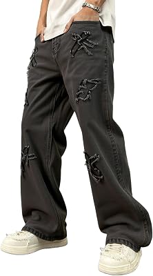 DISLANBO Mens Baggy Straight-Leg Hip Hop Jeans Casual Wide Leg Y2k Skateboard Vintage Denim Pants Streetwear