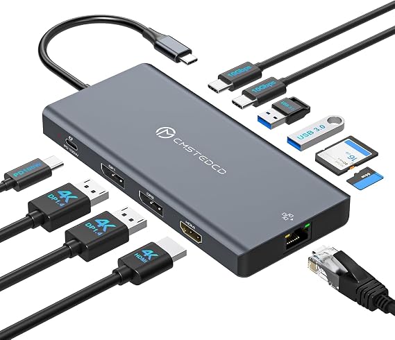 USB C Docking Station 3 Monitors Dual DisplayPort 4K@120Hz + HDMI 4K@60Hz 12-in-1 Docking Station Laptop Triple Monitors 100WPD 10Gbps USB 3.2 Gigabit Ethernet