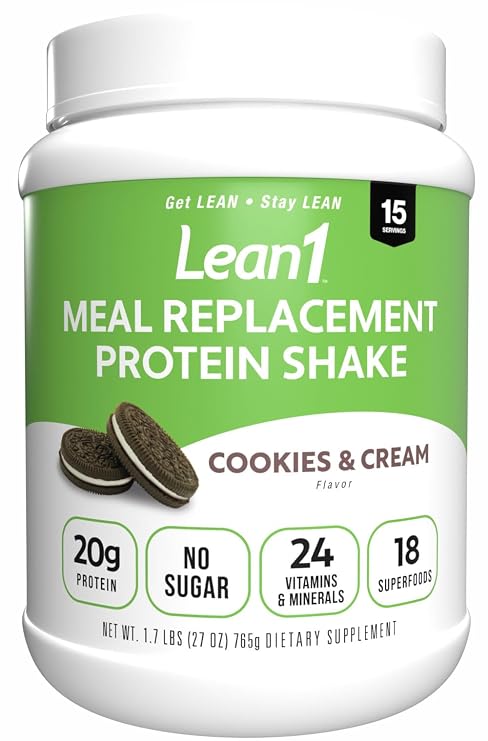 N53 Lean1 Meal Replacement Protein Powder, Cookies and Cream Flavor, 15 Serving tub, No Sugar Added